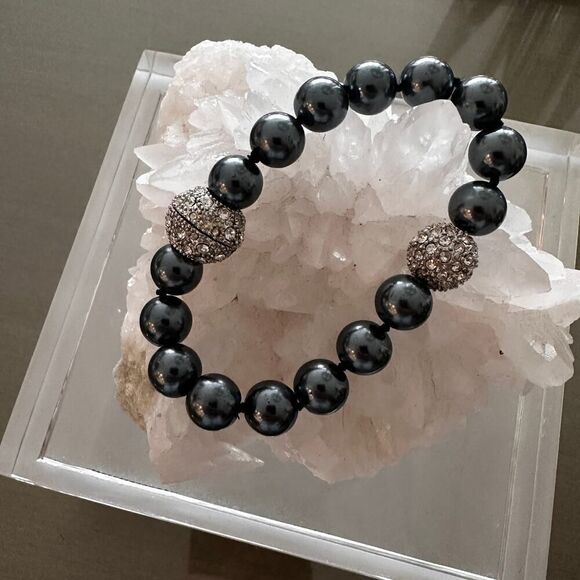 Gray Pearl Pave Ball Crystal Magnetic Close Bracelet - Picture 3 of 5